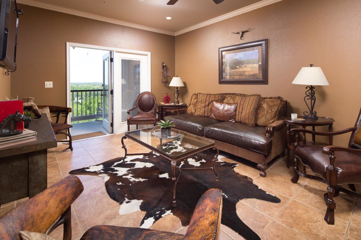 Village at Gruene condo living room and balcony