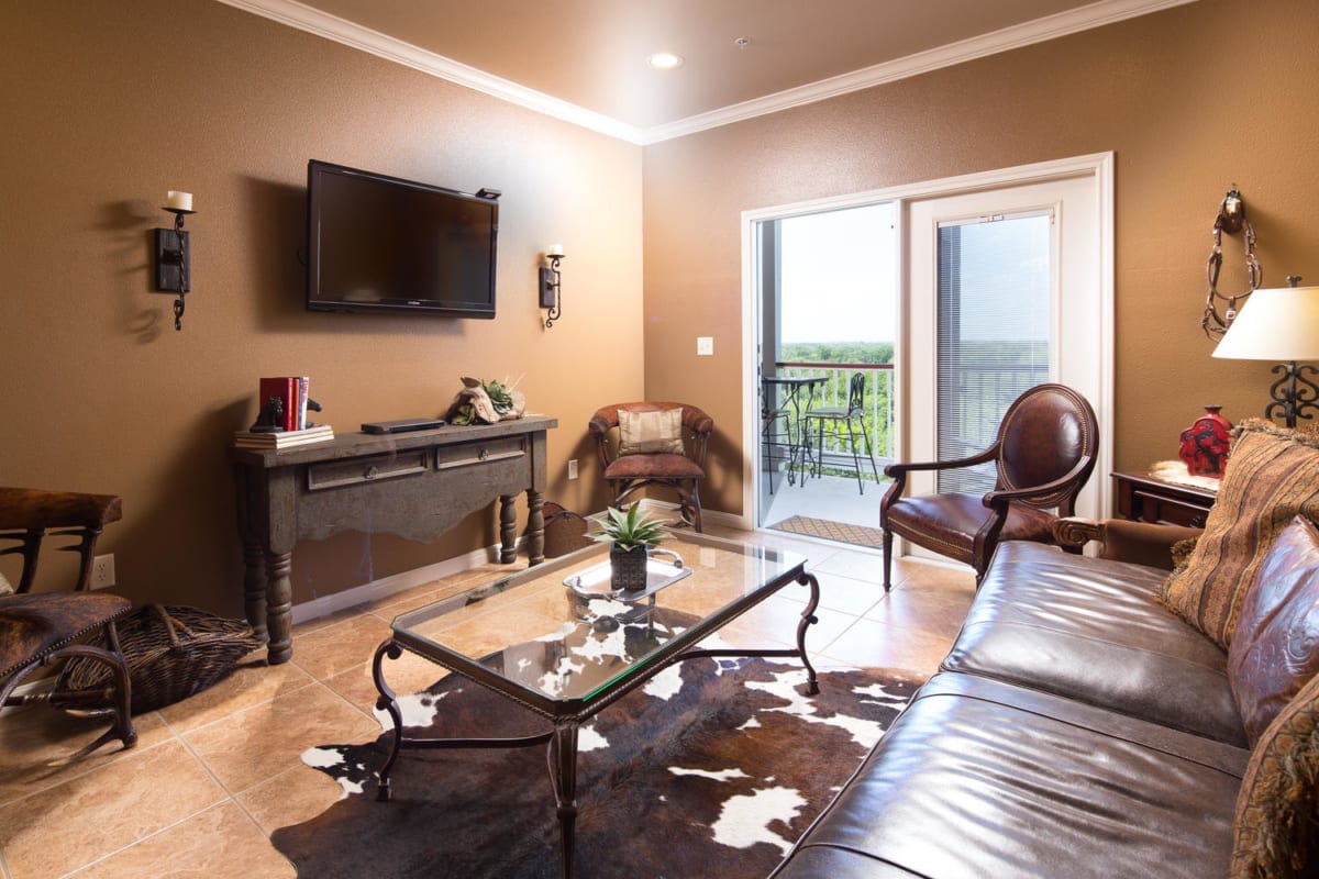 Village at Gruene condo living room and balcony