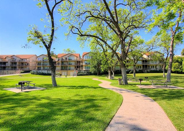 Waterwheel lawns, picnic tables and bbq grills.