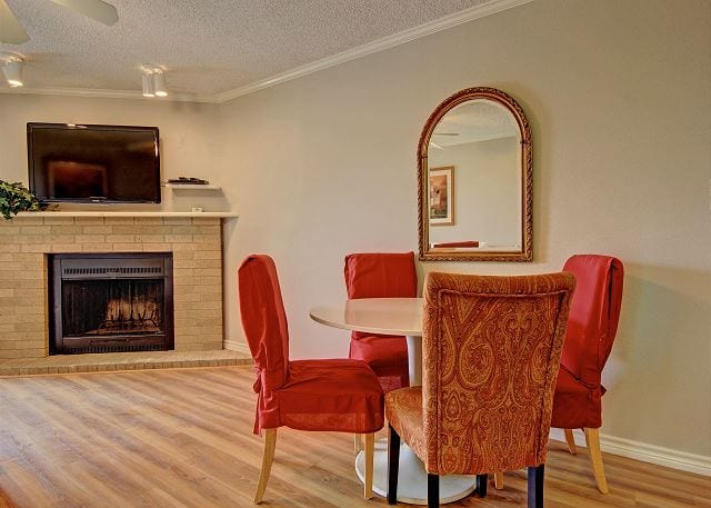 River Run dining table and fireplace.