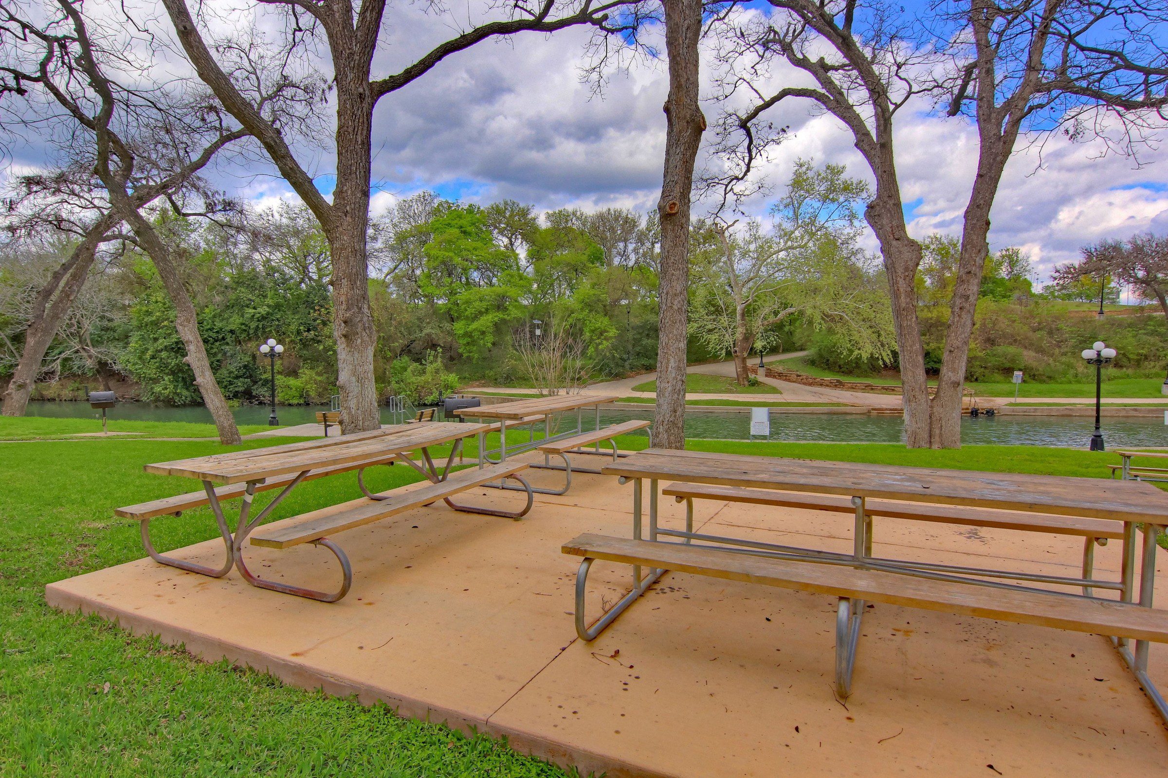 Picnic tables on River Run grounds.