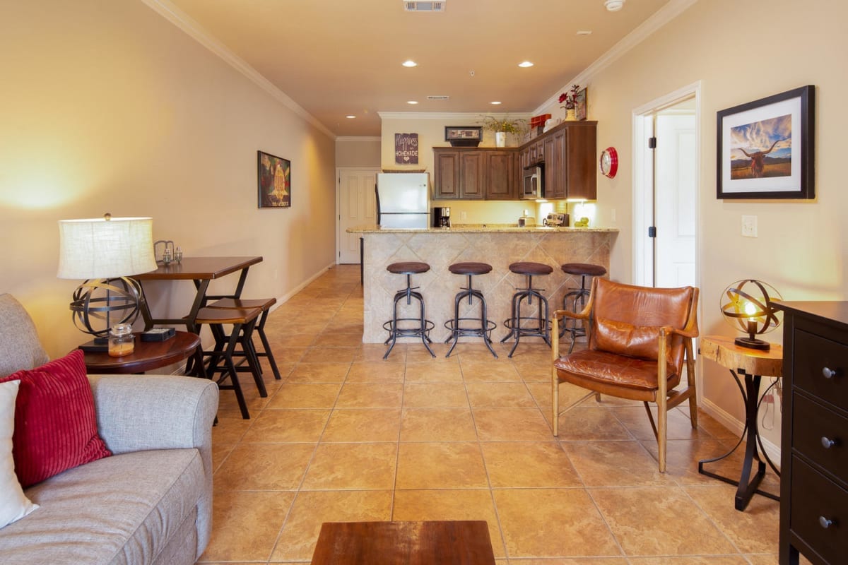 Village at Gruene Condo living room and kitchen.