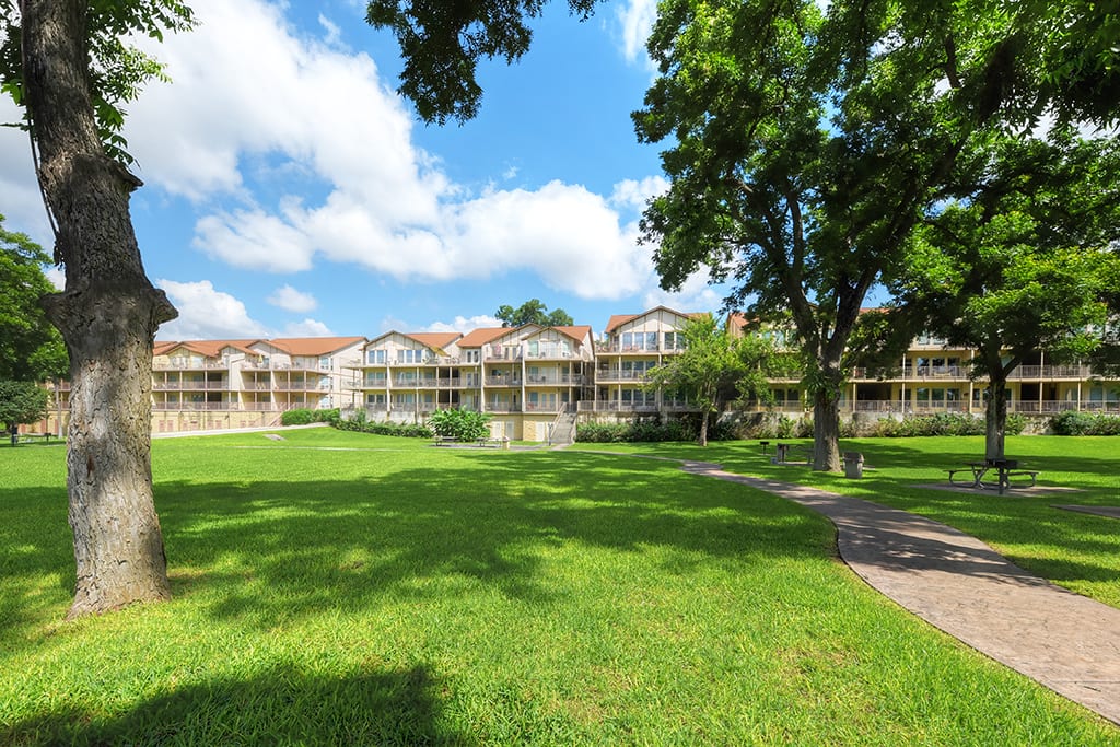 Waterwheel condo exteriors and lawn.