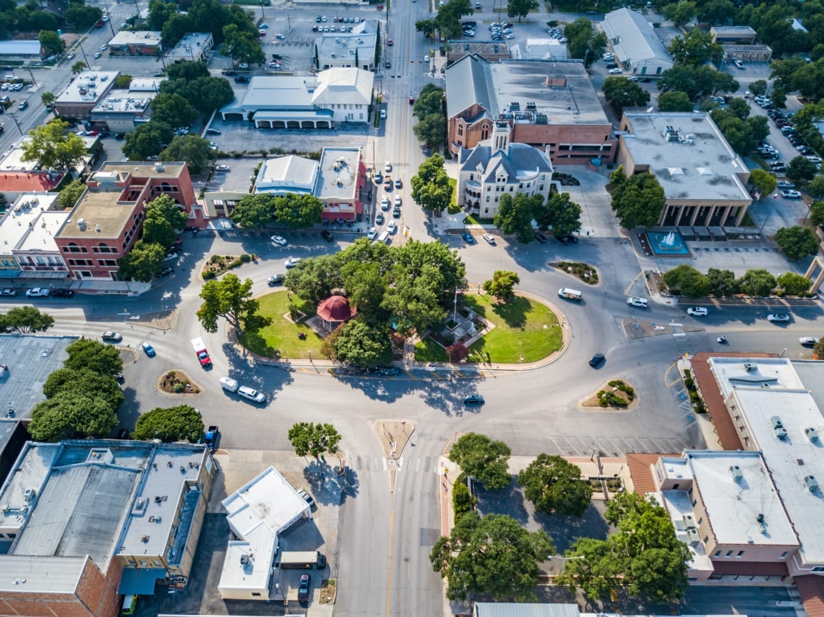 Aerial view of downtown New Bruanfels.